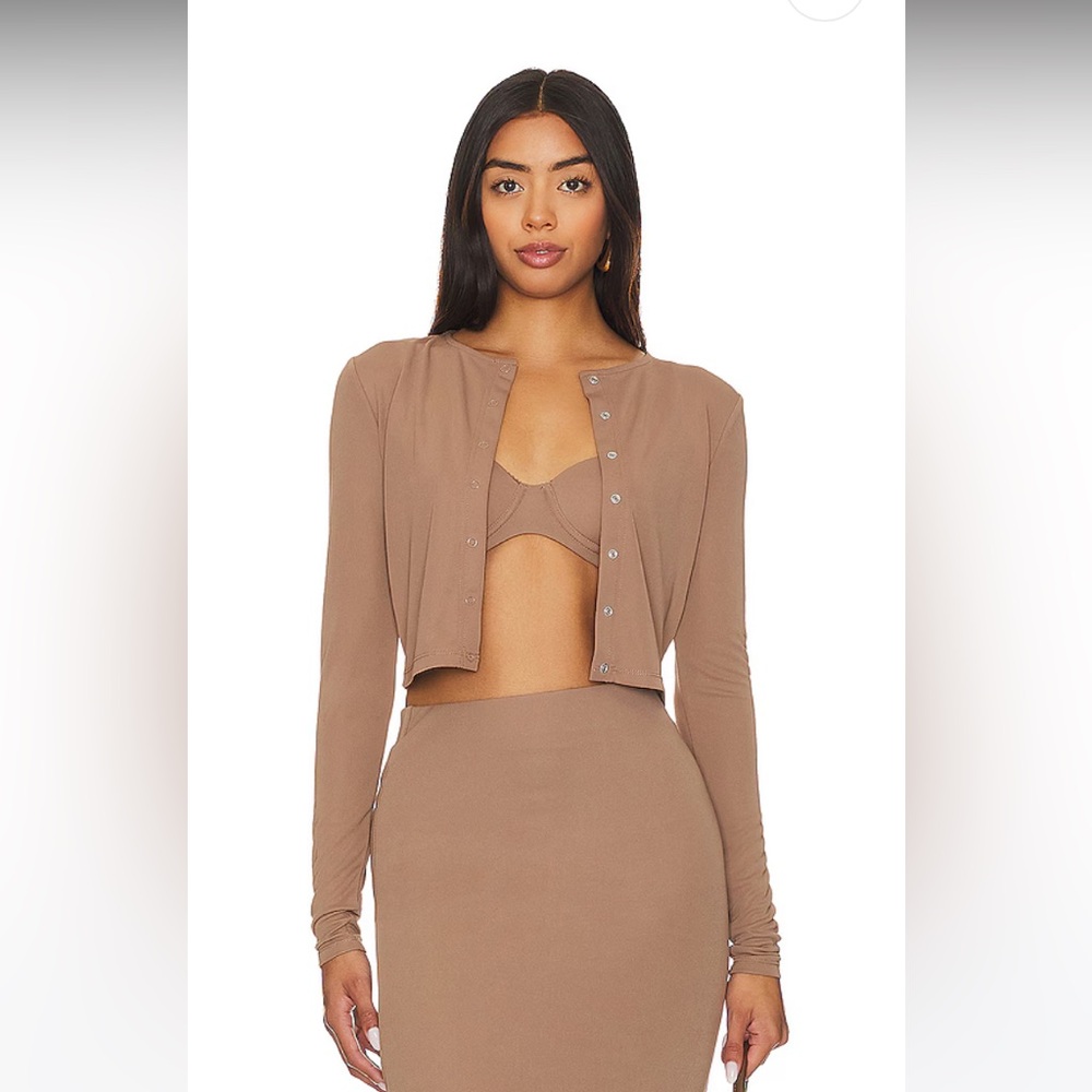 LPA Thalia Cardigan Top in Mushroom Snap front Revolve Medium N105
